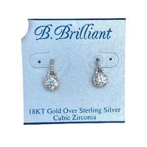 B. Brilliant 18KT Over Sterling Silver Halo Drop Cubic Zirconia Dangle Earrings